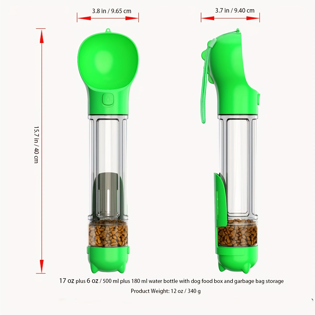 3-in-1 Portable Dog Water Bottle with Food Storage and Waste Collection green color dimensions