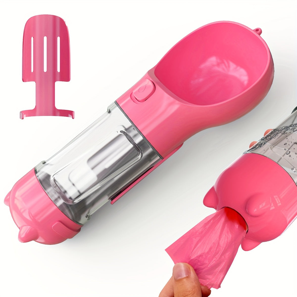  3-in-1 Portable Dog Water Bottle with Food Storage and Waste Collection pink color top view